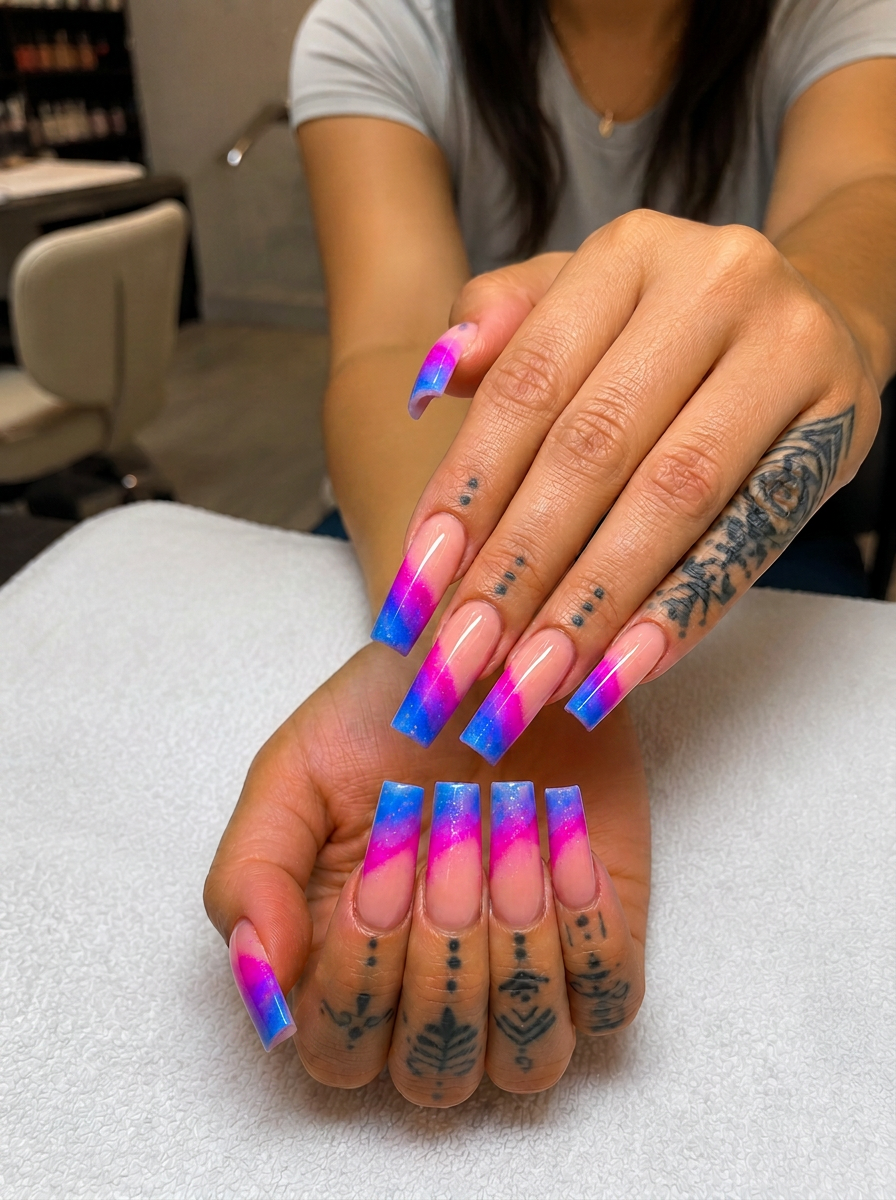 Long coffin nails with pink and periwinkle blue ombre